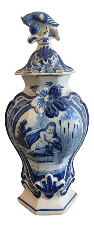 Antique Blue and White Dutch Delft Covered Jar, 18th C.