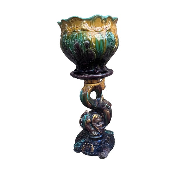 Vintage Weller Majolica Pottery Jardiniere & Pedestal Set For Sale - Image 4 of 9