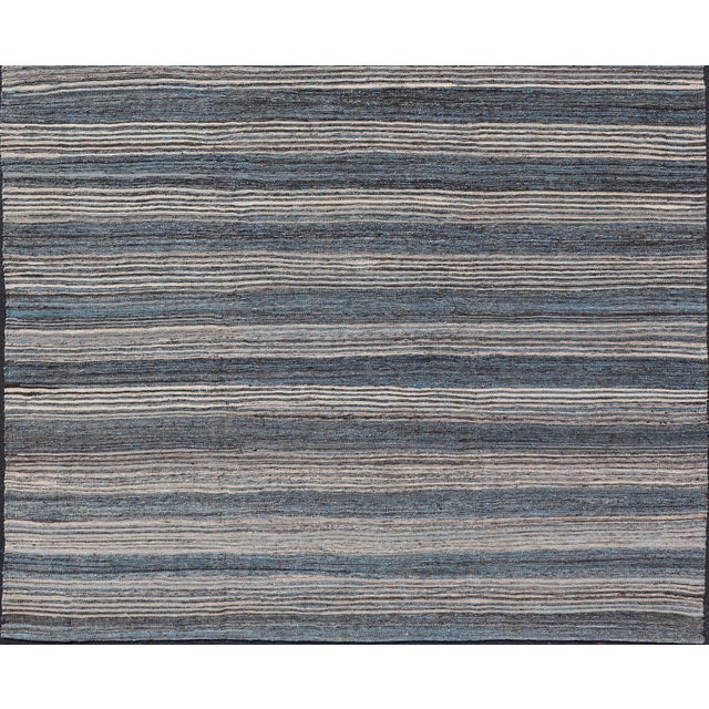 Modern Afghan Kilim Rug in Deep Blue and Gray Horizontal Stripe Design 9'0 X 12'2 For Sale - Image 4 of 11