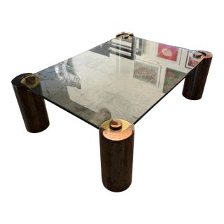 Karl Springer Gunmetal & Brass Coffee Table – Signed Rare Large Glass Top Cocktail Table – Modernist / Mid Century For Sale