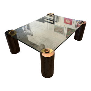 Karl Springer Gunmetal & Brass Coffee Table – Signed Rare Large Glass Top Cocktail Table – Modernist / Mid Century