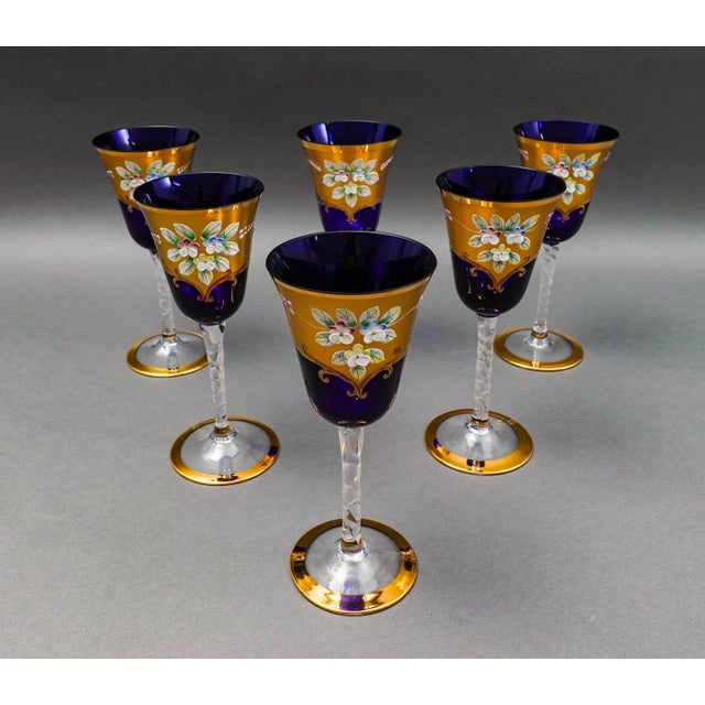 Tre Fuochi Venetian Glass Cobalt Blue 24k Gold Wine Glasses Set of 6 For Sale - Image 4 of 10