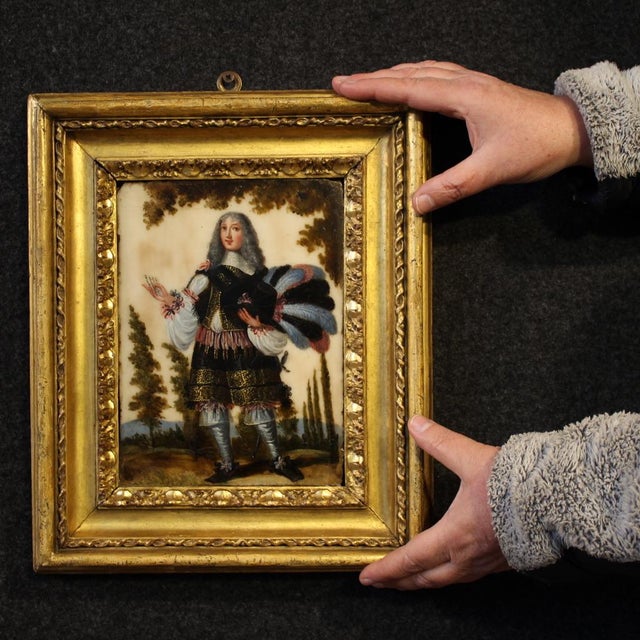 A rare south american painting from the second half of the 17th century. This oil on marble portrait depicts a noble...