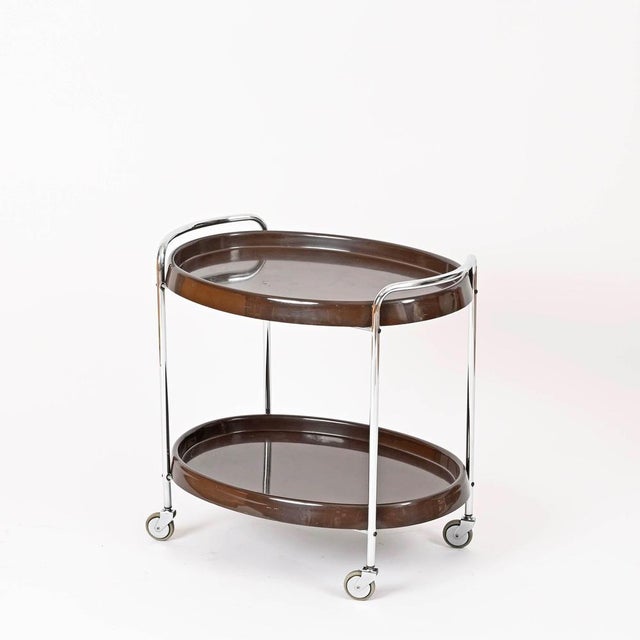Mid-Century Modern Mid-Century Italian Oval Bar Cart in Chrome and Brown ABS, 1970s For Sale - Image 3 of 14