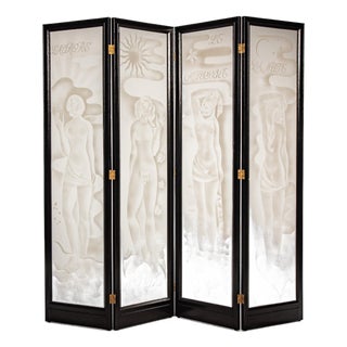 Engraved Glass Folding Screen with Oak Frame by Laurencin, 1937 For Sale