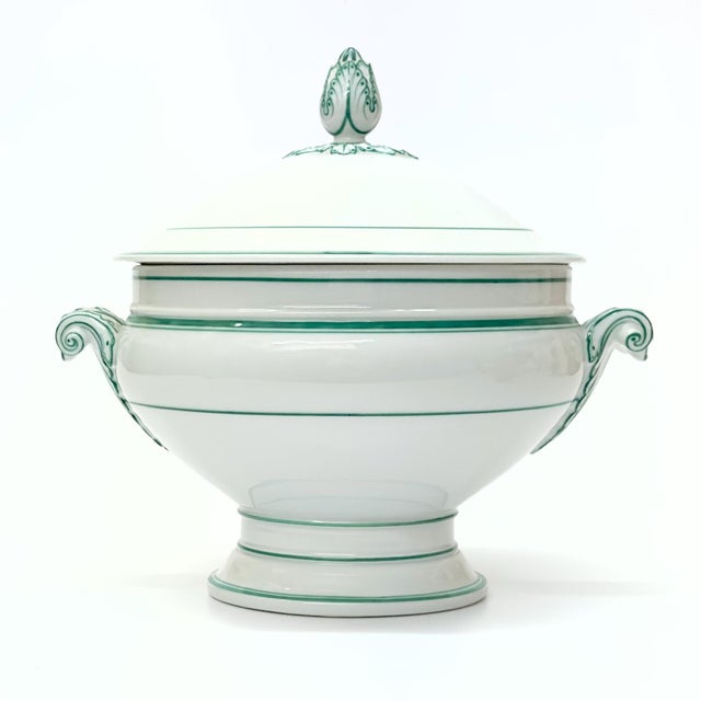 This is a gorgeous, elegant, and rare vintage lidded ceramic tureen featuring a creamy ivory glaze with soft green hand-...
