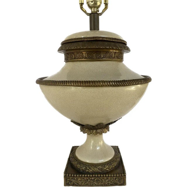 Neoclassical Currey & Company Neoclassical Style Urn Form Brass Ceramic Table Lamp For Sale - Image 3 of 8