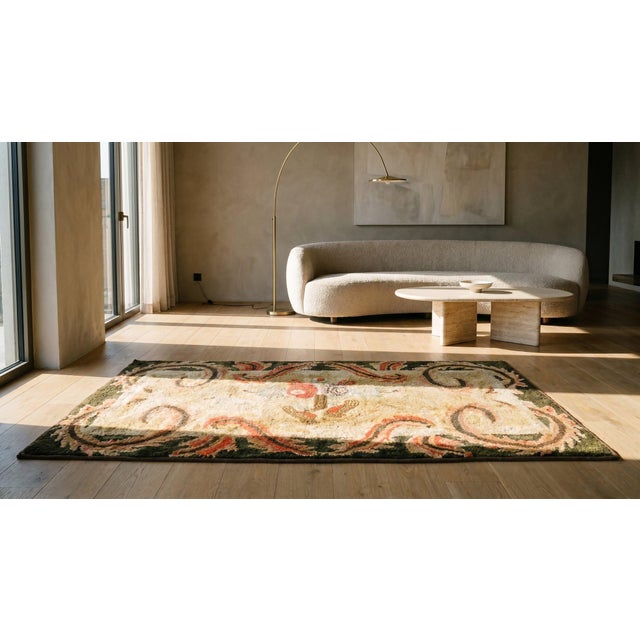 Ivory 1900s Ivory Medallion Folk Art Antique American Hooked Rug 2' 3" X 4' 5" Handknotted Wool Carpet For Sale - Image 8 of 9