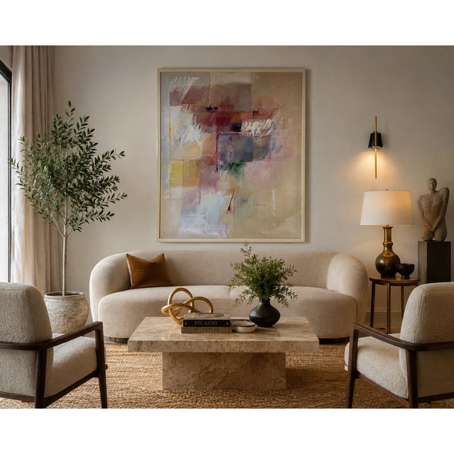 Striking large vintage abstract expressionist oil painting on canvas, featuring an expressive brushwork, geometric...