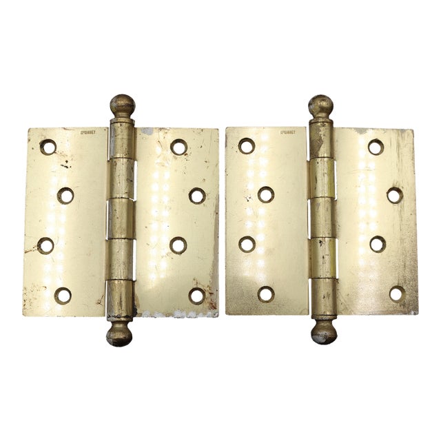 Pair of Vintage 4.5 X 4.5 In. Brass Plated Steel Door Hinges For Sale