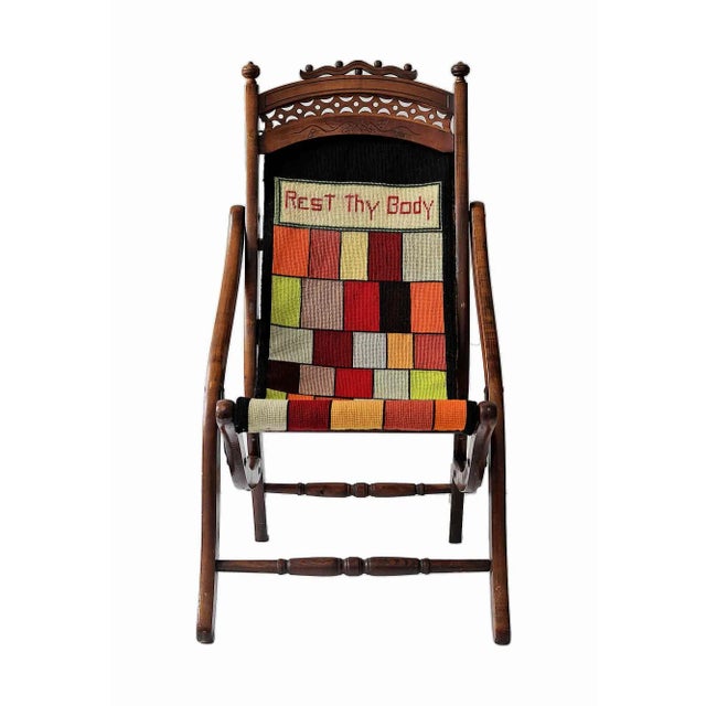 Wood Antique Folding Chair With Needlepoint Sling Seat For Sale - Image 7 of 7