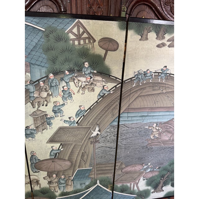 Hand painted blue chinese screen. Four panels, ready to hang in your space.