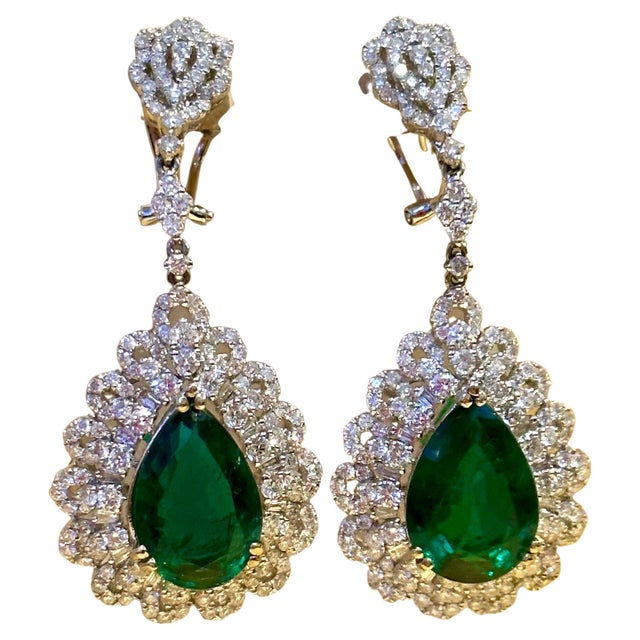GIA Certified 14Ct Pear/Drop Zambian Emerald 7 Ct Diamond Earrings 18 Kt Gold For Sale - Image 17 of 18