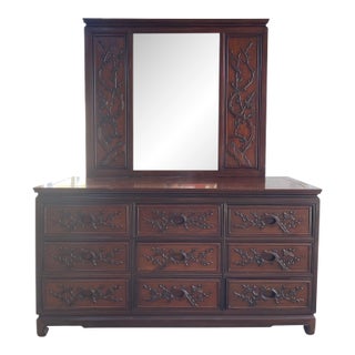 Dark Cherry Finish Rosewood Flower and Bird Motif Oriental Dresser and Mirror For Sale