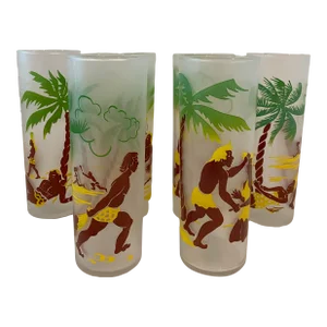 Vintage Federal Tropical Beach Frosted Glass Mid Century Tumblers - Set of 6