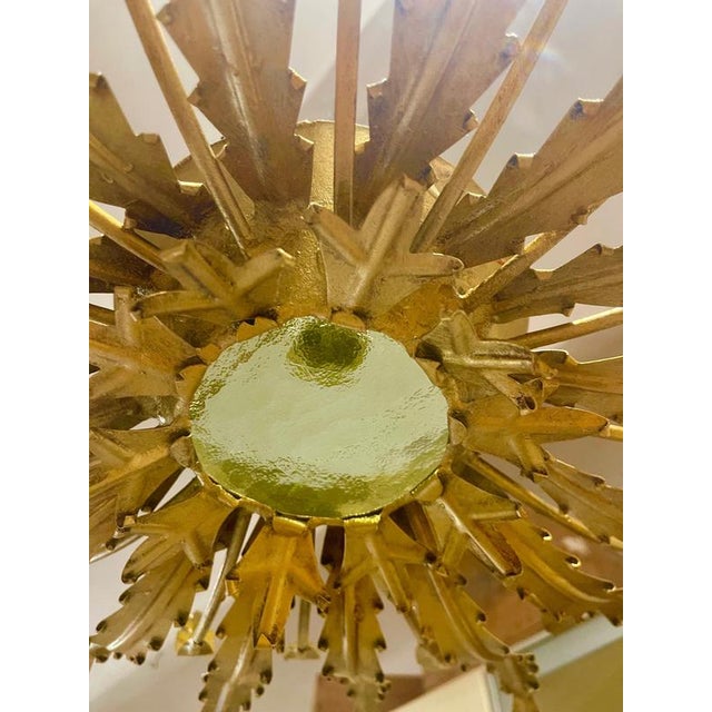 Large Spanish Sunburst Flush Mounts in Gilt Metal with Support Pair, 1950, Set of 2 For Sale - Image 4 of 10