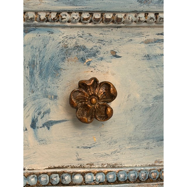 Vintage Distressed Blue Dresser | Hand-Painted 3-Drawer Chest | Shabby Chic French Country | Carved Details | Maison Martine | One of a Kind For Sale - Image 12 of 12