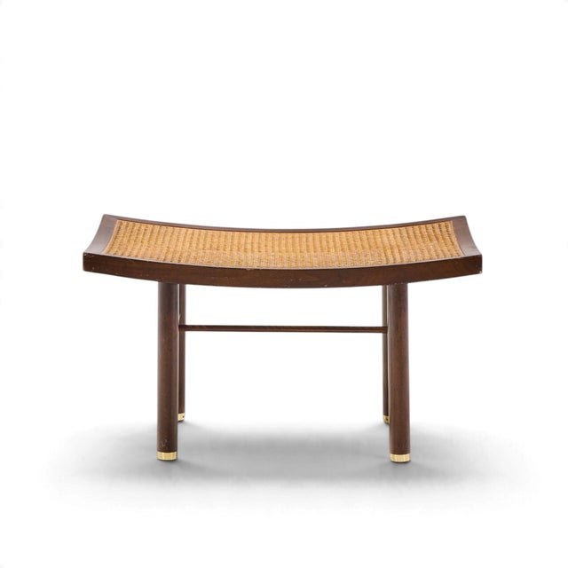 Michael Taylor for Baker Far East Collection Mid Century Cane and Mahogany Stool This stool measures: 27.75 wide x 17.75...