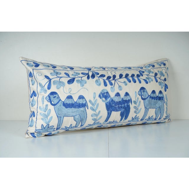 Mid-Century Modern Blue Suzani Lumbar Pillow Cover For Sale - Image 3 of 5