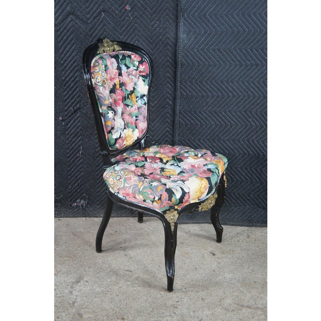 4 Antique French Louis XV Style Ebonized Dining Chairs Boussac Fabric Ormolu For Sale - Image 6 of 13