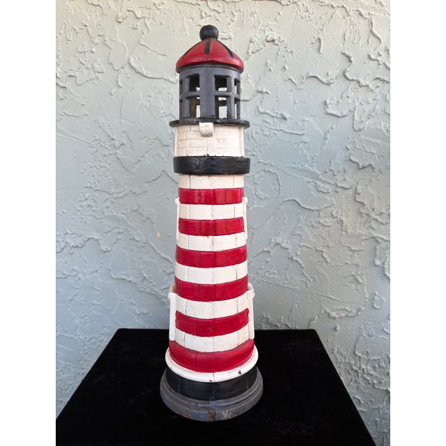 Vintage Cast Iron Lighthouse Sculpture With Removable Top & Tealight Holder – Nautical Coastal Decor For Sale In Orlando - Image 6 of 12