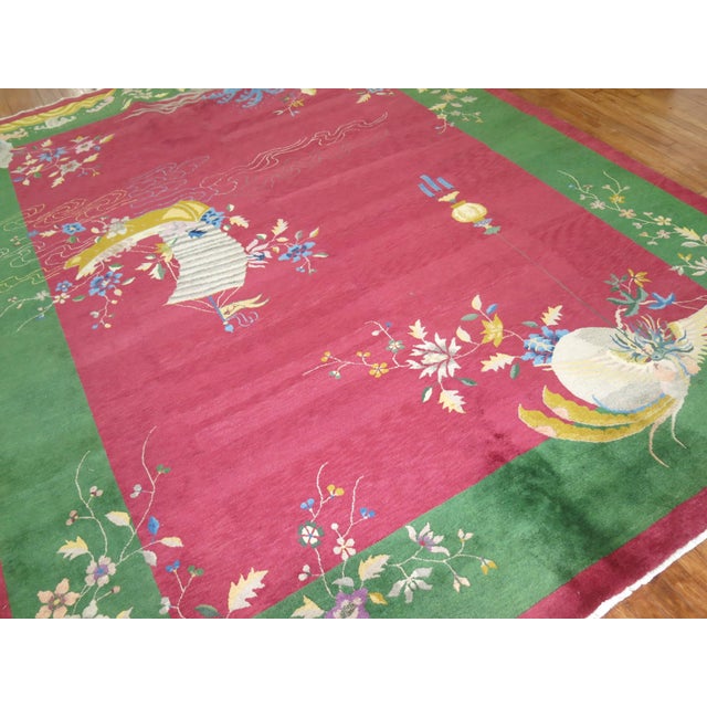 Antique Zabihi Collection Room Size Raspberry Ground Chinese Art Deco Rug For Sale In New York - Image 6 of 10