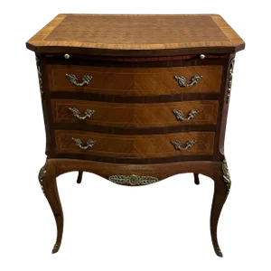Vintage 3 Drawer Chest French Style Parquet Inlaid Wood Bombe Commode Ormolu
