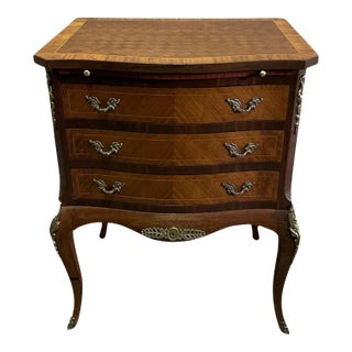 Vintage French Style Wood/Parquet Inlaid Three Drawer Chest W/Brass Ormolu For Sale