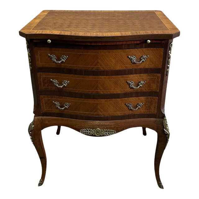 Vintage French Style Wood/Parquet Inlaid Three Drawer Chest W/Brass Ormolu For Sale