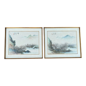 Mid 20th Century Pair of Chinese Mountain Village Landscape Paintings on Silk, Custom Framed