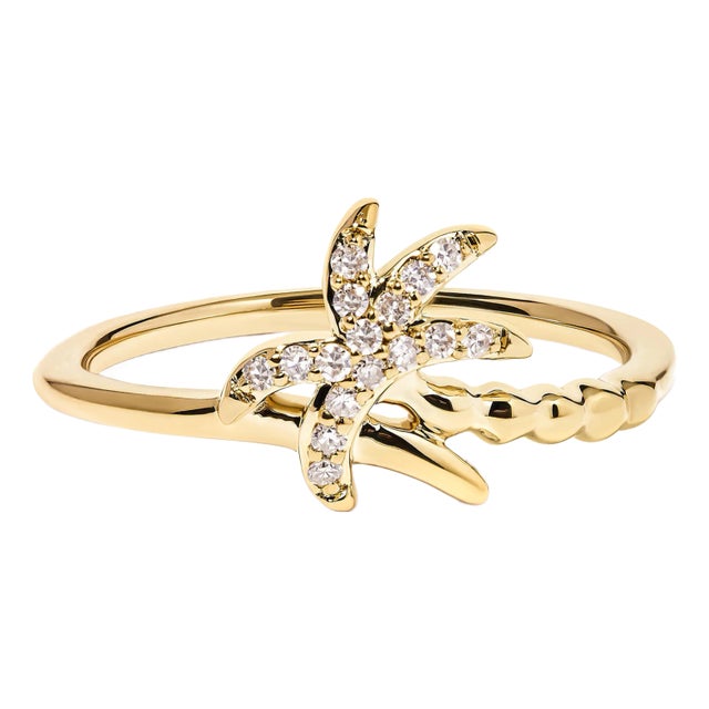 10K Yellow Gold 1/10 Cttw Diamond Palm Tree Statement Ring (H-I Color, I1-I2 Clarity) - Ring Size 7 For Sale