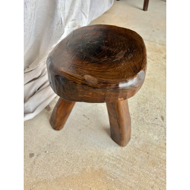Mid 20th Century French Walnut Brutalist Tripod Stool For Sale - Image 11 of 12