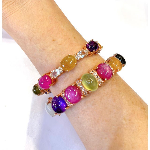 Art Deco Bochic "Capri" Vintage Diamond, Ruby & Sapphire Bangle Set In 18K & Silver For Sale - Image 3 of 18