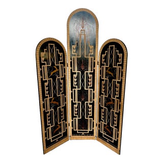 Mid 20th Century Art Deco Gilt and Black Lacquer 3-Panel Divider Screen For Sale
