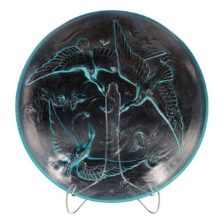 Art Deco Glass Bowl in a Aquablue Colour Representing Water Scene with Wild Geese, Waves and Fishes from Verlys, France, 1930s For Sale