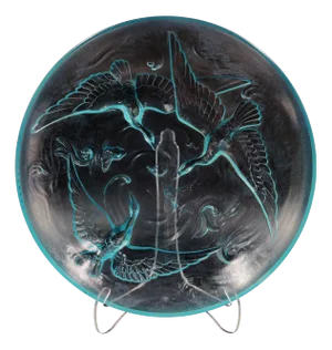 Art Deco Glass Bowl in a Aquablue Colour Representing Water Scene with Wild Geese, Waves and Fishes from Verlys, France, 1930s