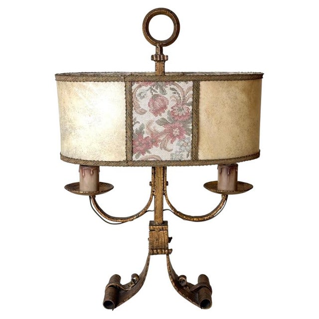 Large Florentine Gilt Iron Two-Light Table Lamp with Leather and Tapestry Shade, 1950s For Sale - Image 18 of 18