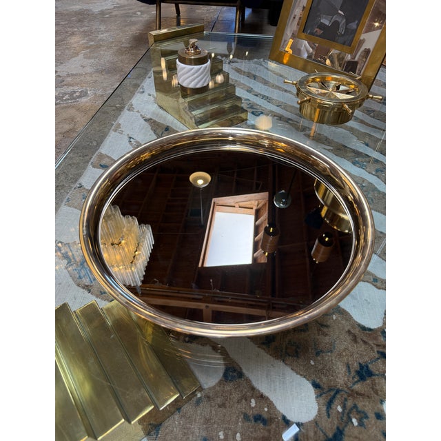 Italian Mid-Century Modern Round Smoked Glass and Brass Serving Tray, 1970s For Sale - Image 4 of 7