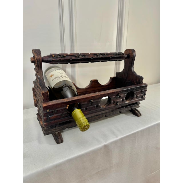 Mid-Century Modern Vintage Mid Century Spanish Revival Solid Wood & Brass Three Wine Bottle Holder For Sale - Image 3 of 12