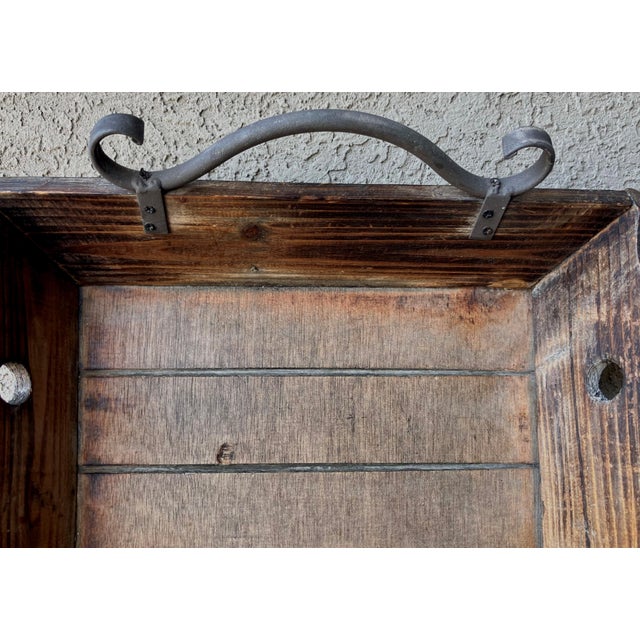 Wood Mid 20th-Century Nicely-Sized Rustic Chic Pine Wood Tray With Worked Steel Scroll Handles For Sale - Image 7 of 12