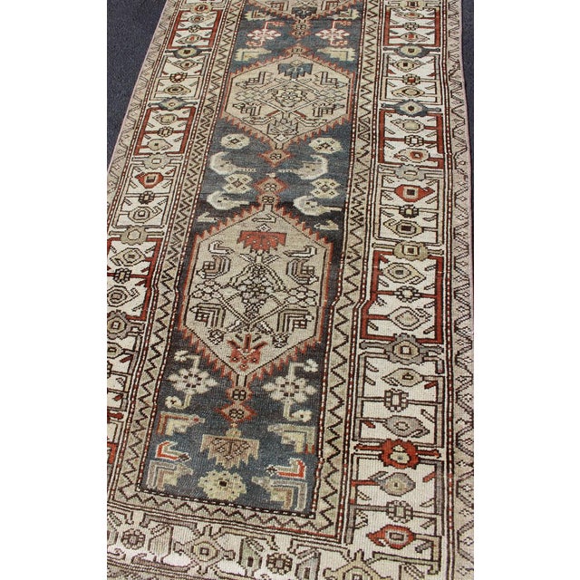 Long Persian Kurdish Runner With Medallion Design in Charcoal, Ivory and Red For Sale - Image 11 of 14