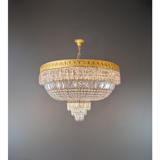 Art Deco 1930s Low Plafonnier Crystal Chandelier Brass Lustre Ceiling Art Deco Gold For Sale - Image 3 of 12
