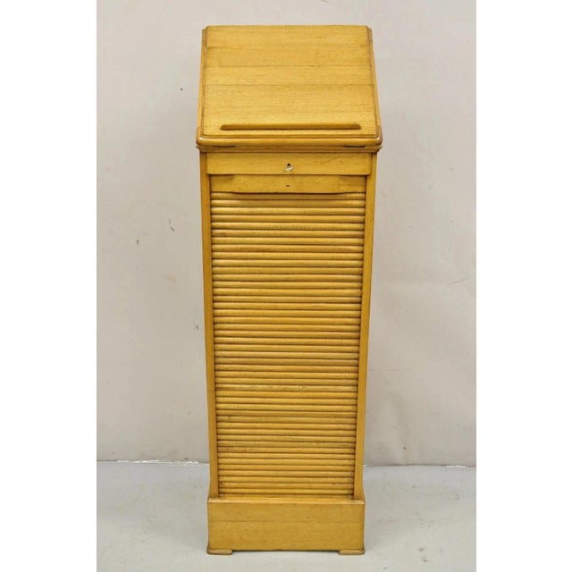 Antique Arts & Crafts Oak & Maple Tambour Shutter Door Lectern Filing Cabinet For Sale - Image 12 of 12