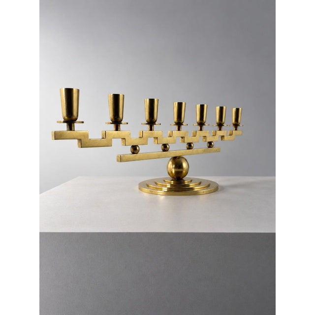 Swedish Grace Brass 7-Arm Candelabra by Lars Holmström, 1930s For Sale - Image 4 of 7