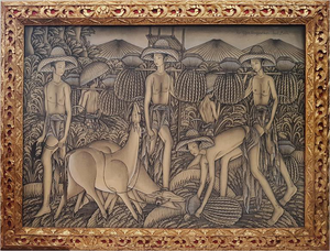 Ketut Liyer, Harvest, 20th Century, Acrylic Painting on Canvas, Framed