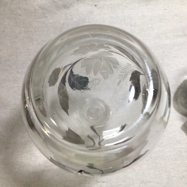 Glass Vintage Etched a Silver Leaf Brandy/Port Decanter With 4 Ombré Brandy Glasses-Set of 5 For Sale - Image 7 of 12