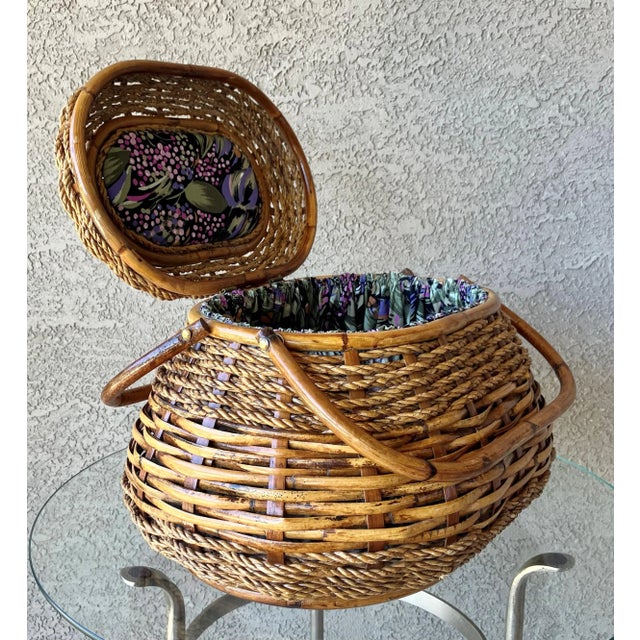 Mid 20th-Century Fabulously-Sized Rattan & Bamboo Sewing Basket With Folding Handles For Sale - Image 11 of 12