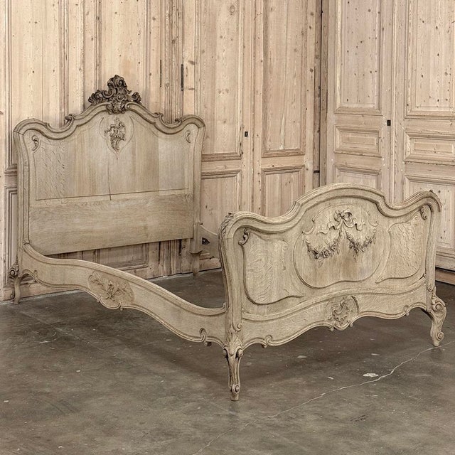 Antique Louis XV Style Stripped Oak Hand-Carved Bed For Sale - Image 4 of 17