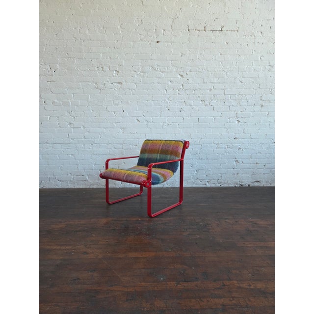 1970s Knoll sling lounge chair in Pierre Frey Nestor fabric and a fresh cherry red powder coated frame. Reimagined to...