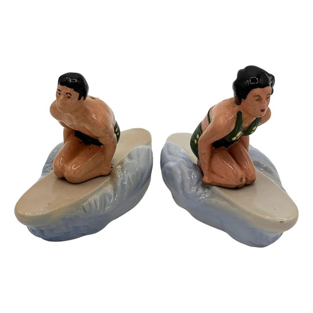 Rare 1951 Male & Female Surfer Ceramic Salt & Pepper Shaker Set by Herman's For Sale